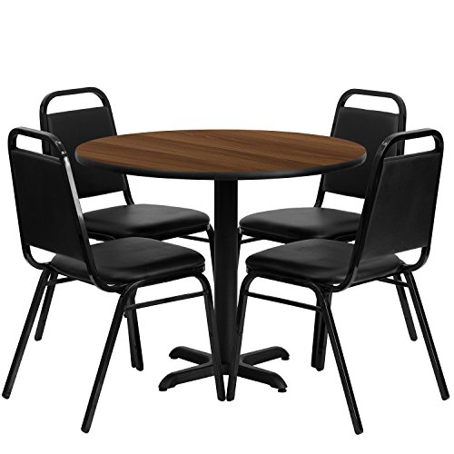 Flash Furniture Carlton 36'' Round Black Laminate Table Set with X-Base and 4 Black Trapezoidal Back Banquet Chairs