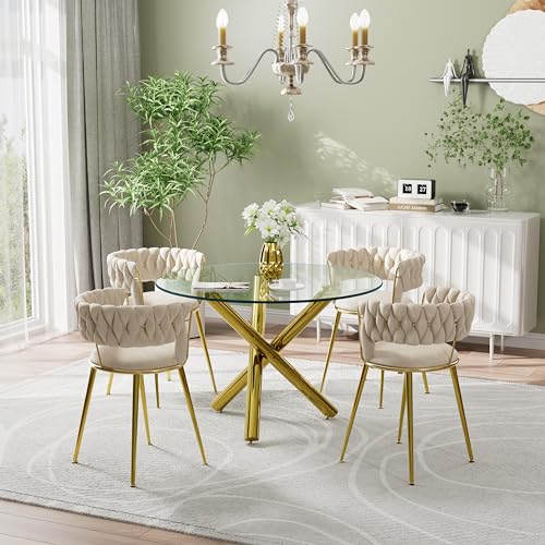5-Piece Round Glass Dining Table Set for 4,39 Inch Clear Round Tempered Glass with Cross-Designed Metal Gold Legs,Kitchen Table Set with 4 Beige Woven Velvet Smooth Upholstered Chairs