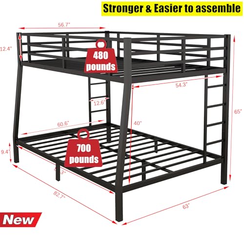 BLAIZ Upgraded Version & Stronger Steel Full XL Over Queen Size Bunk Bed, More Stable Safer Thickened Black Metal Bunk Queen Bed with Reinforced Ladder & Slats (Faster Assembly) (Full XL over Queen)