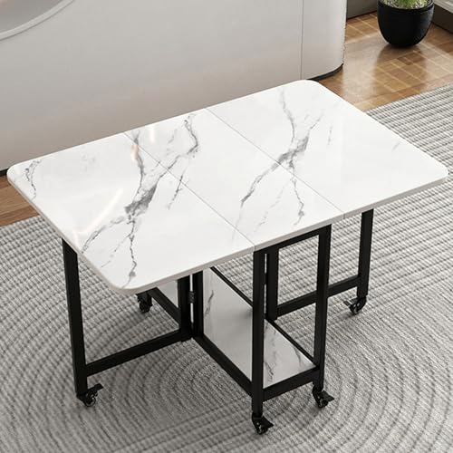 Drop Leaf Dining Table, Modern Folding Dining Table & Expandable Kitchen Table with 6 Wheels, Foldable Kitchen Table with Storage Rack, Carbon Steel Bracket, Extendable and Space-Saving for Small Spac