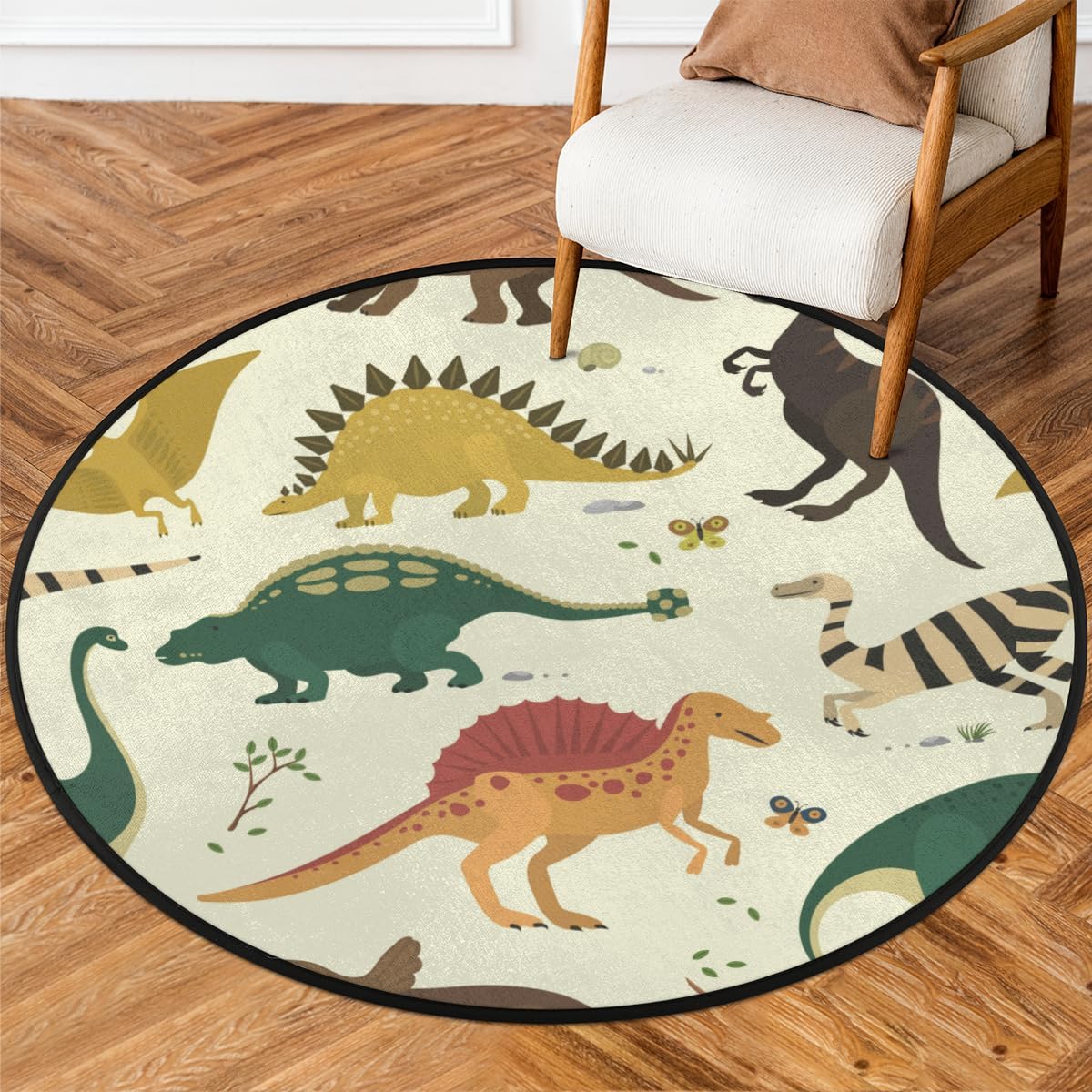 3 Ft Cute Dinosaur Print Round Desk Chair Mat Non-Slip Soft Desk Floor Mat Washable Floor Mat for Office Living Room Bedrooms Laundry Room Foyer Doorway