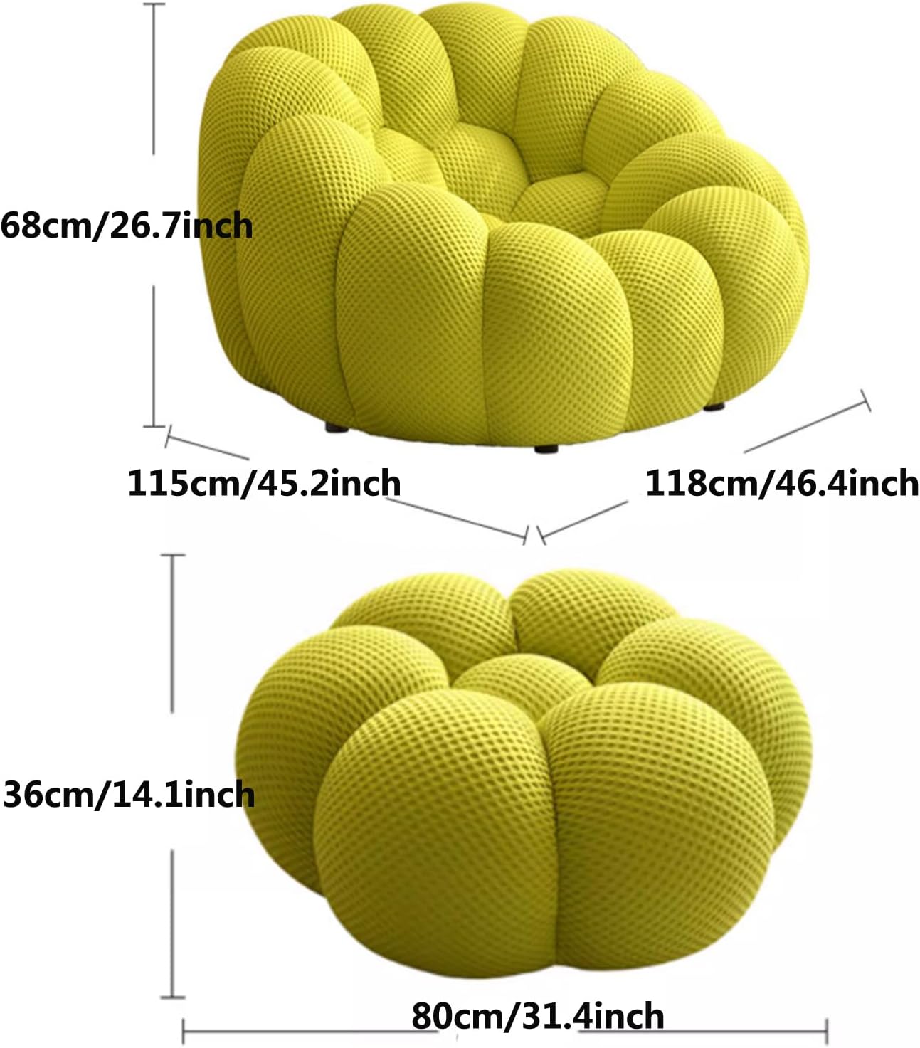 Oversized Single Lazy Sofa,Ultra Comfy 1-Seat Fireside Sofa Chair,Upholstered Bubble Single Floor Sofa,3D Honeycomb Shape Bubble Sofa Curved Couch for Living Room, O Orange