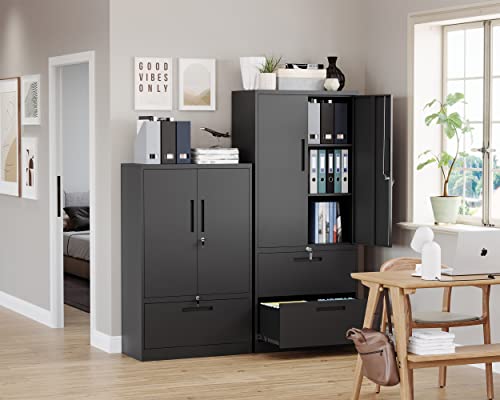 Letaya Metal Storage Cabinets for Home Office,File Cabinet with Adjust Shelves and Lock,2 Drawers Filing Cabinets-Hang Legal/Letter/A4/F4 Size Filing-Black