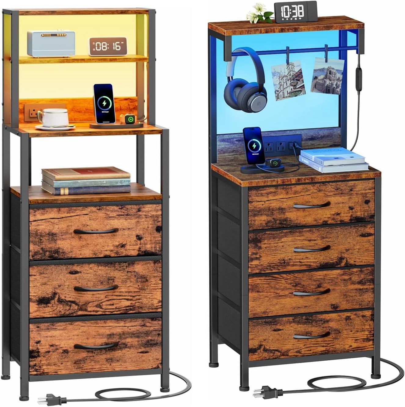 Furnulem Tall Nightstand, Night Stand with USB Port Charging and LED Lights,Sturdy Steel Frame, Wood Top