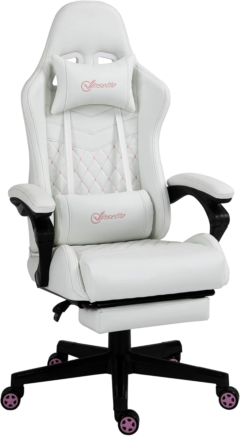 Vinsetto High Back PU Leather Gaming Chair, Racing Computer Chair with Swivel Wheels, Retractable Footrest, Headrest, Lumbar Support, and Armrest, White and Pink