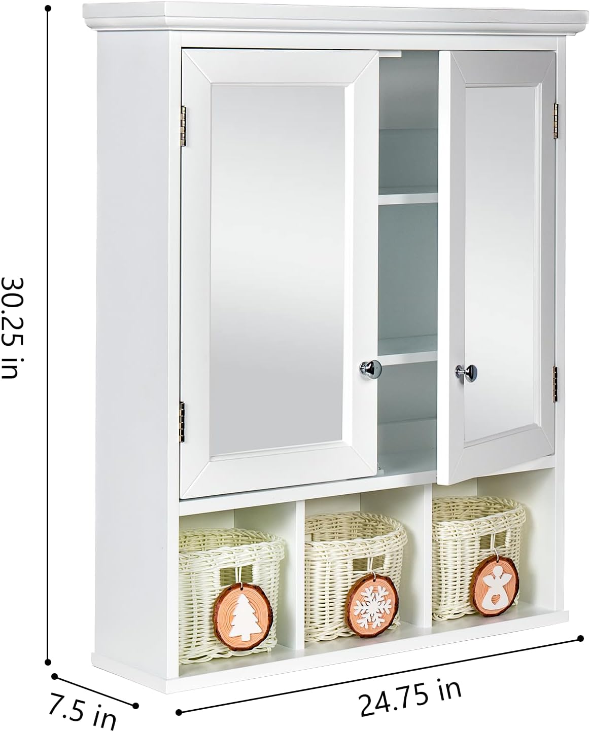 Medicine Cabinet, Bathroom Organiser, Wall Mounted Bathroom Cabinet with Mirror with 2 Adjustable Shelves and 3 Storage Baskets for Bathroom, Laundry Room, Kitchen