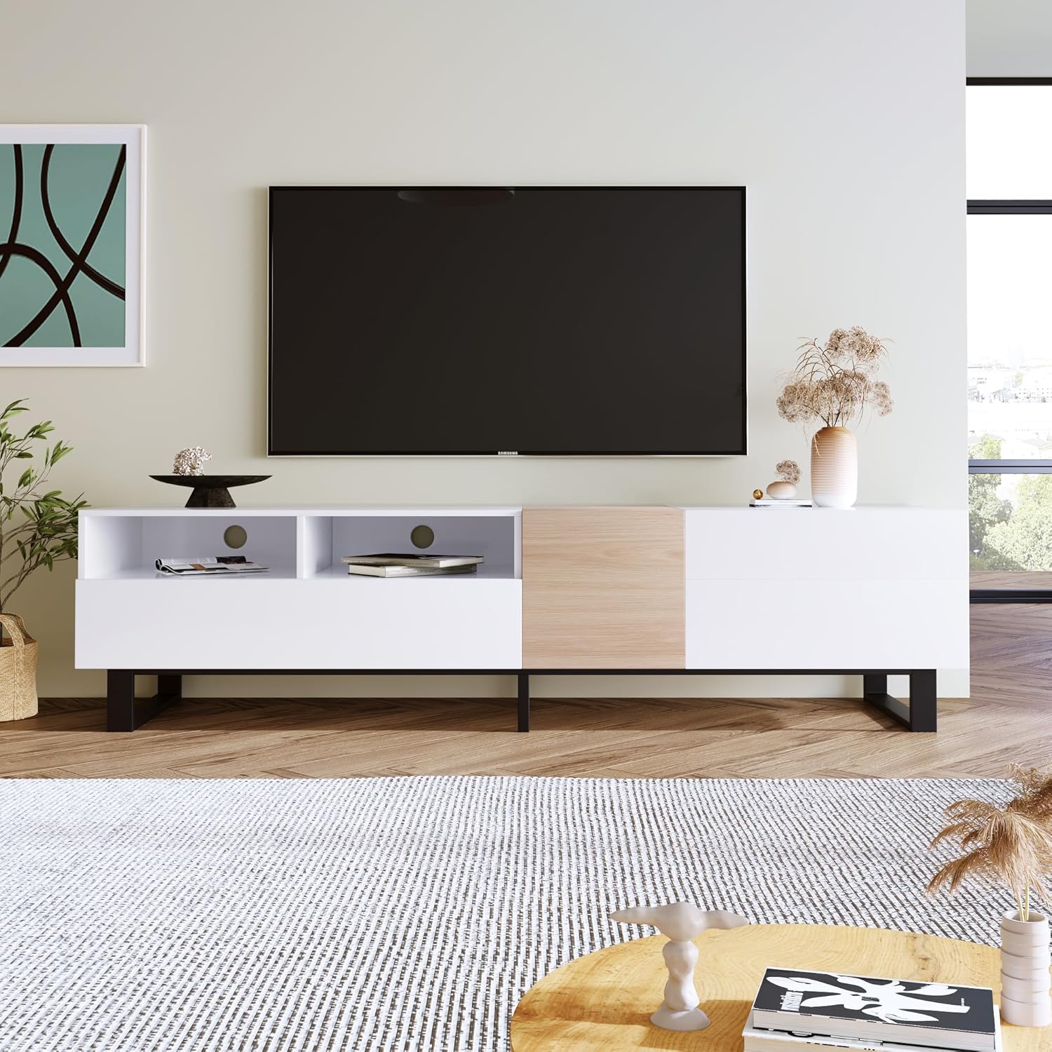 NicBex TV Stand for 80 Inch TV Modern TV Media Console Table with Double Storage Space and Drop Down Door,Entertainment Center with Storage for Living Room,Bedroom,70.9 Inch,White