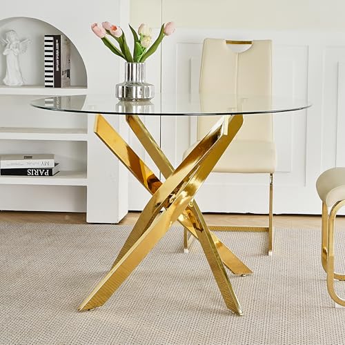 42 Inch Round Glass Dining Table for 4, Circle Dining Table with Clear Tempered Glass Top & Gold Chrome Metal Legs, Small Dinner Table for Dining Room, Kitchen, Living Room