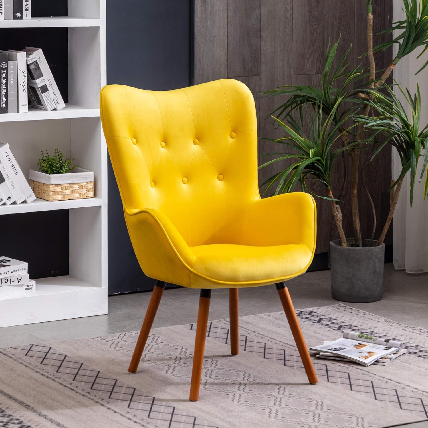 Doarnin Contemporary Silky Velvet Tufted Button Back Accent Chair, Yellow