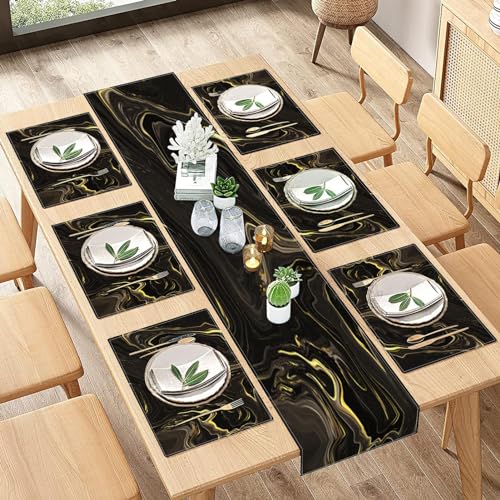 Marble Vintage Brown Table Runner and Placemats Set of 6, Retro Green Stone Abstract Dining Table Decor for Daily Use(1 Table Runner 72 inches Long and 6 Placemats)