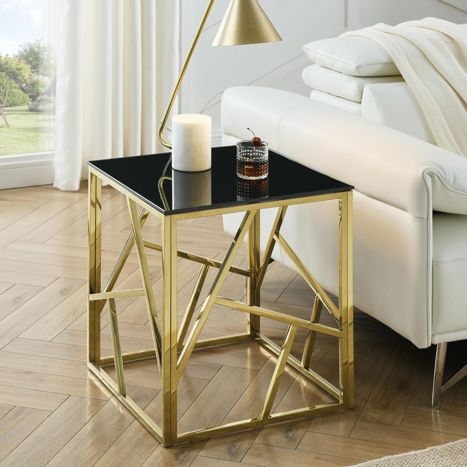 Pvillez Glass Side Table, Mid Century Modern Square Black Glass End Table with Gold Stainless Steel, Small Accent Sofa Side Table for Small Spaces, Bedroom Glass Bedside Table, Living Room End Table