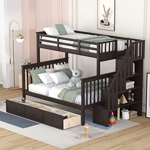CITYLIGHT Bunk Beds Twin Over Full Size with Stairs, Wooden Bunk Beds with Storage Open Shelves, Stairway Bunk Bed Convertible to 2 Separated Beds,Kids Bunk Beds for Bedroom, Dorm,White