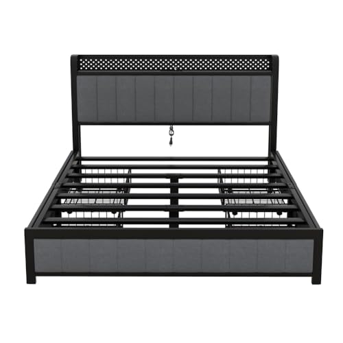 Queen Bed Frame, LED Bed Frame Queen Size with LED Headboard and 4 Storage Drawers, Upholstered Platform Bed with USB Port Sockets, Heavy Duty Wooden Slats Platform Bed Dark Gray