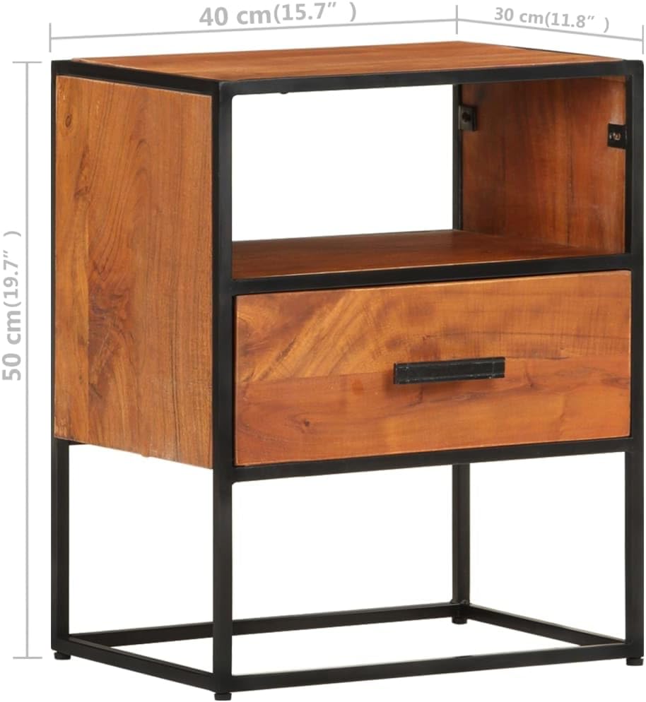 vidaXL Solid Acacia Wood Bed Cabinet with Iron Legs, Elegant Vintage-Industrial Style, Featuring Spacious Drawer and Compartment for Storage