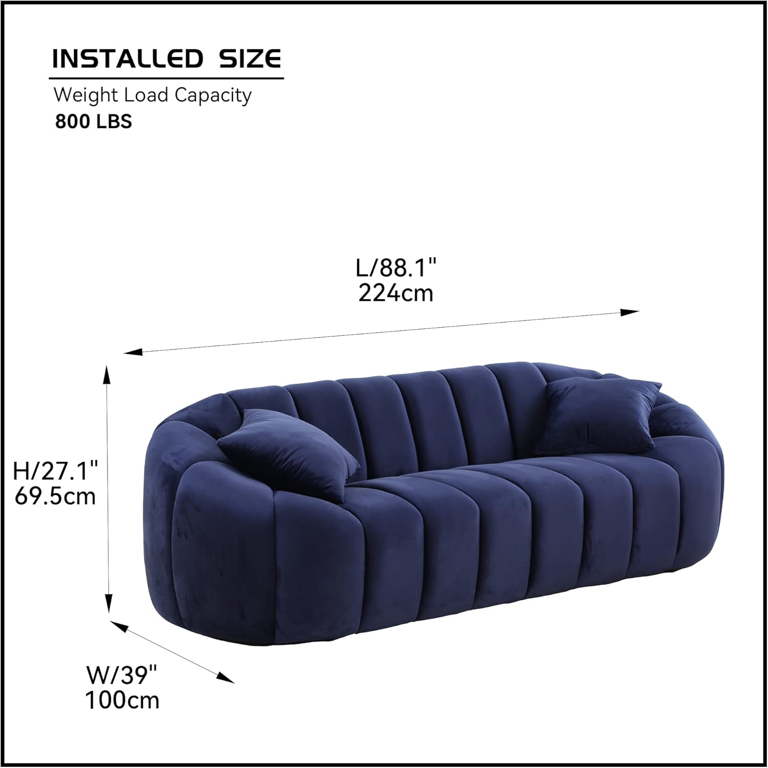 88'' Modern Sofa 3 Seater Couch with Deep Channel Tufting Stunning Navy Velvet Sofa for for Living Room,Bedroom