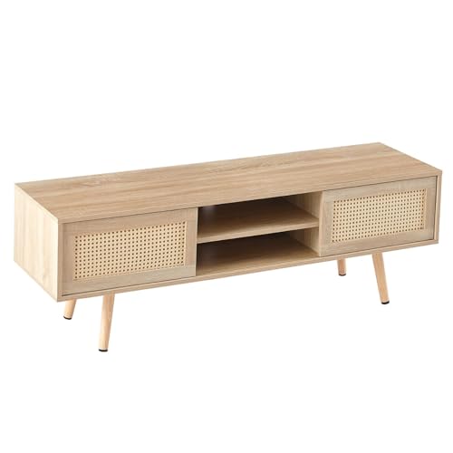 Solid Wood TV Stand,Up to 65'' TV,Rattan TV Cabinet with 4 Compartments for Storage,Media Entertainment Centre with Sliding Doors (Natural Wood Color)