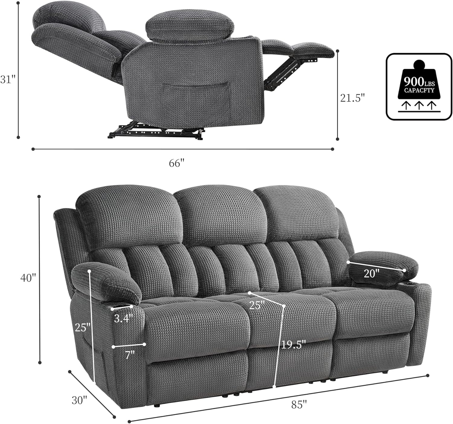 AMERLIFE Recliner Couch, 3 Seater Sofa with Cup Holders for Living Room- 85 inch Grey Comfy Couch