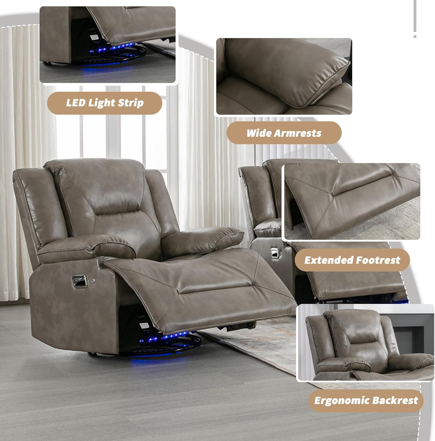 360° Swivel Chairs with LED Light, Cup Holders and Storage Box, 2 Seater Manual Home Theater Seating Faux Leather Glider Rocking Reclining for Living Room, Bedroom, Grey