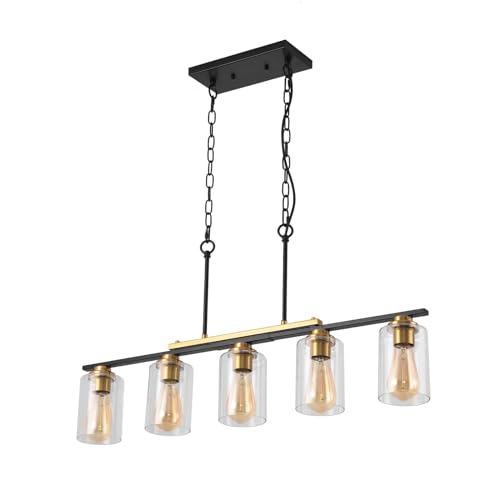 Kitchen Island Lighting,5-Light Farmhouse Pendant Lights,Black Kitchen Pendant Lighting Fixture Over Island with Glass Shade and Adjustable Rods (Bulb not Included)