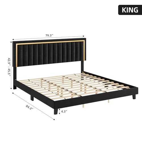 GAOMON King Size Bed Frame - Velvet Upholstered Platform Bed with Adjustable Headboard, Gold Trim Design, No Box Spring Needed in Black