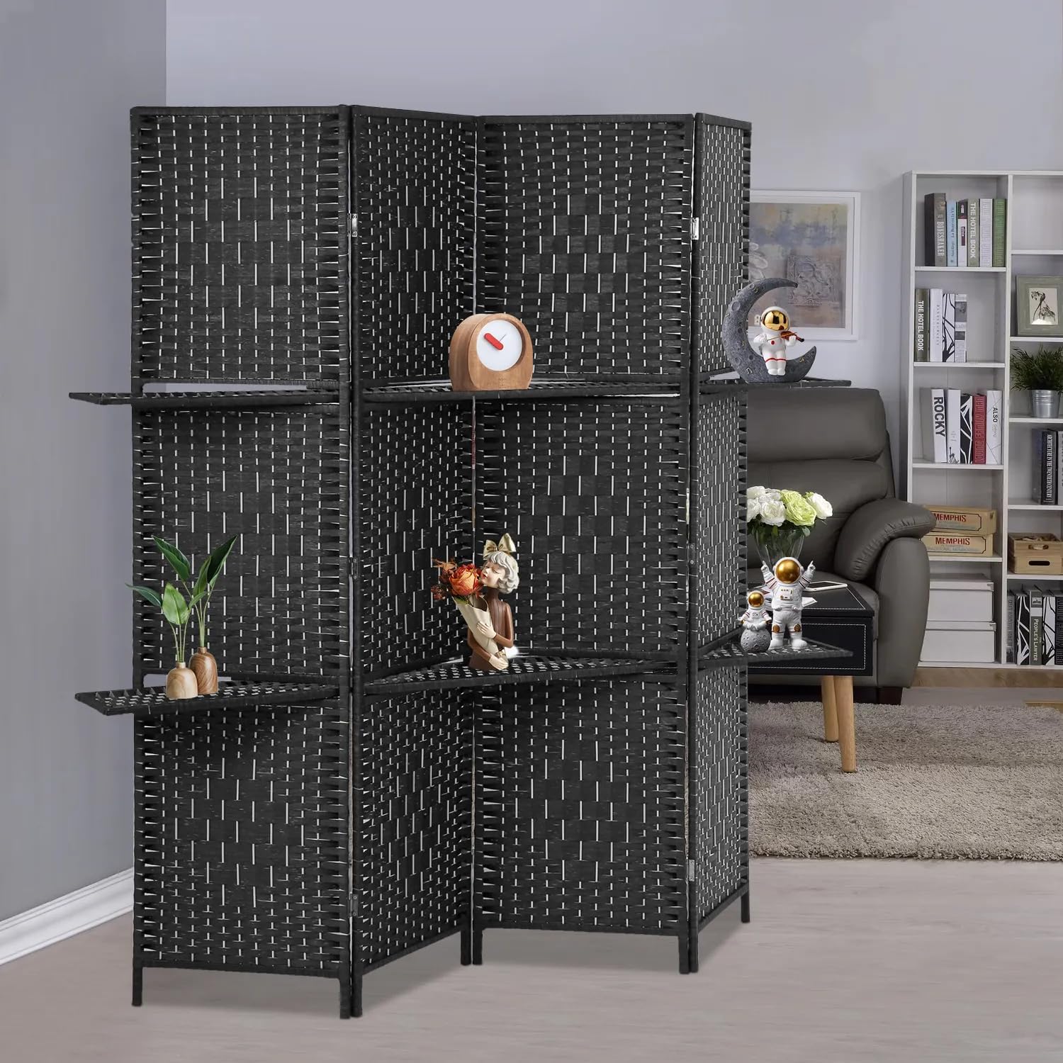 Room Divider 4 Panel Wooden Partition Room Dividers and Folding Privacy Screens, Room Divider Wall with Removable Storage Shelves for Home Office Bedroom Restaurant (Black)