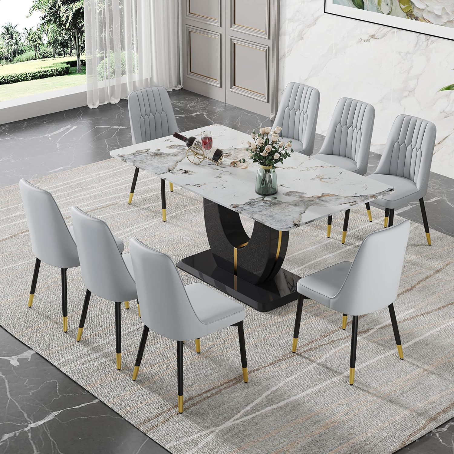 67'' Modern Marble Dining Table Set for 8,9 Piece Rectangle Dining Room Table Set &8 Pu Leather Upholstered Chairs,Big Kitchen Dining Table for 8 with MDF Base