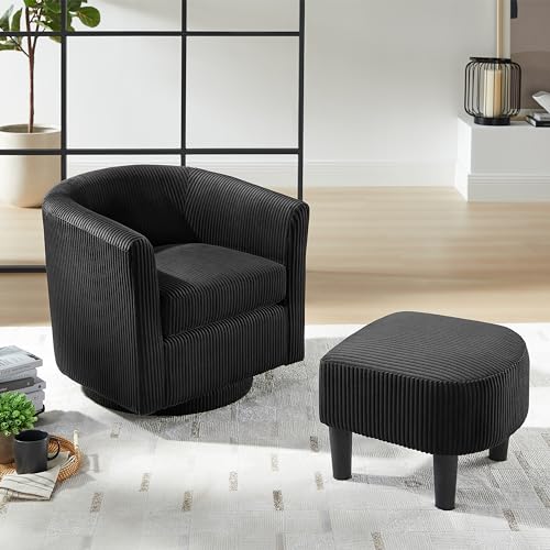 ALES 360° Swivel Armchair Soft Corduroy Upholstery Chair with Footstool for Living Room