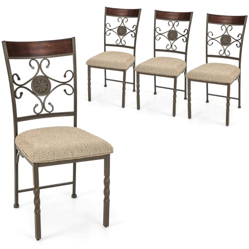 Giantex Upholstered Dining Chair Set of 4, Vintage Metal Dining Chairs with Soft Padded Seat Cushion, Retro High Backrest, Armless Kitchen Chair for Dining Room, Restaurant, Brown