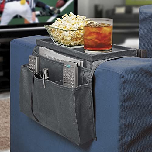 MioCloth Sofa Armrest Organizer, Couch Recliner Chair Arm Caddy TV Remote Storage Pocket Organizer for Phone Book Magazine Glasses Drink Holder Snack Tray Armrest TV Remote Holder Organizer Brown