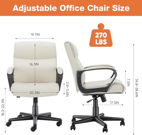 Sweetcrispy Office Chair Computer Desk Chair with Padded Armrests, Ergonomic Chair Mid Back Lumbar Support and Adjustable Height Home Office Desk Chairs PU Leather Swivel Chair, Cream