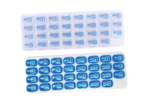 AM/PM 31 Day Monthly Pill Organizer Holder with Removable Medication Pods and Bonus Medical Alert Card - Blue for Morning & Grey for Evening (Blue & Yellow)