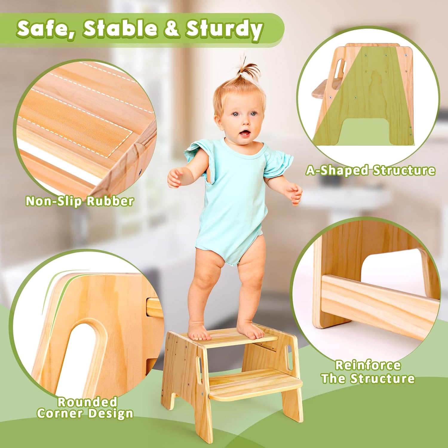 Toddler Step Stool, Wooden Height-Adjustable 2-Step Stool for Kids, Potty Training Stool with Handles