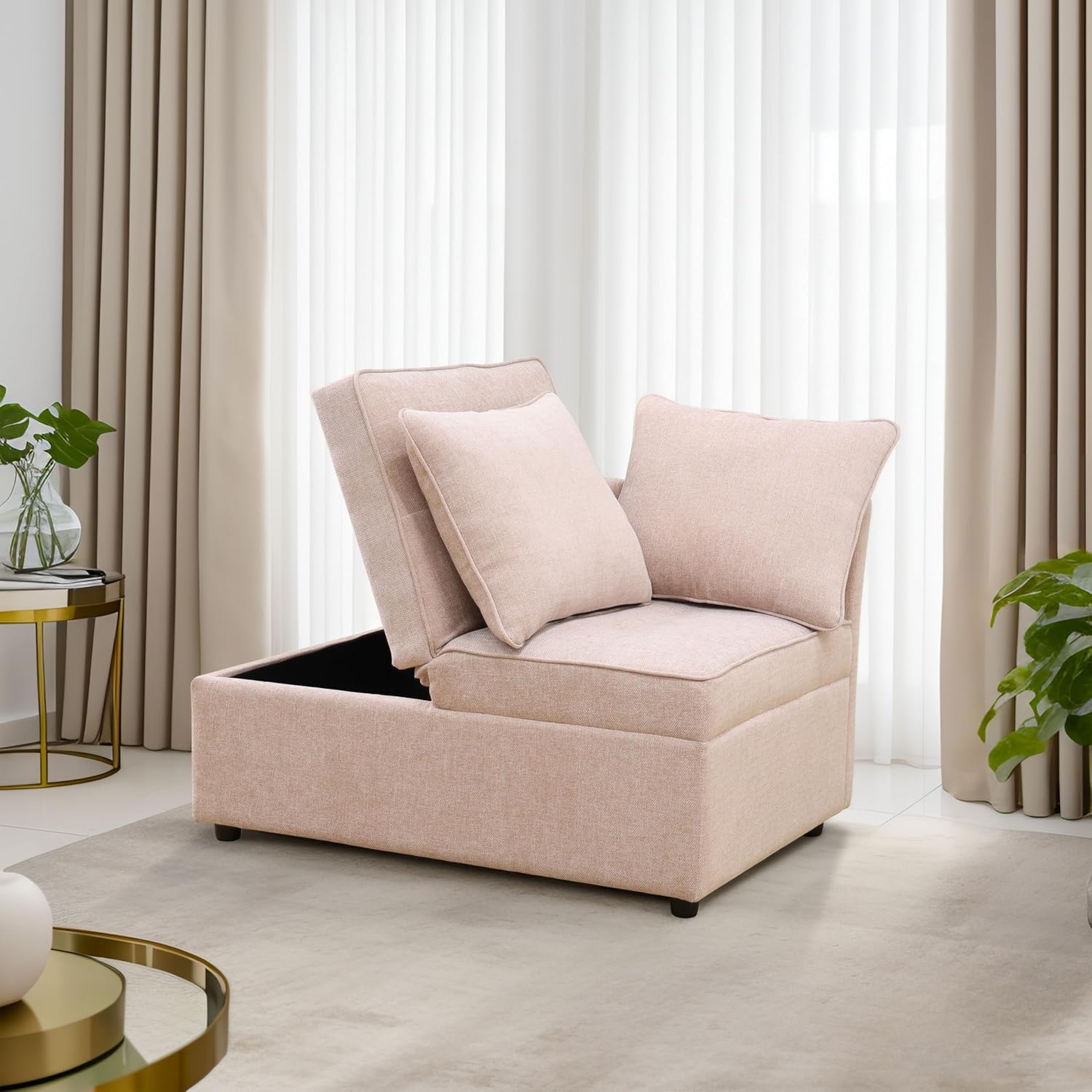 Folding Sofa Bed with Storage Ottoman for Living Room Bedroom, Standard Size, Pink Sackcloth Living Room Adjustable Wedge