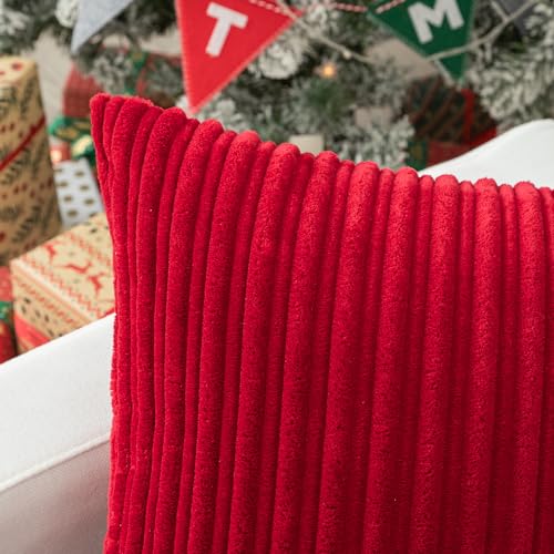 Kevin Textile Throw Pillow Covers Soft Corduroy Decorative Set of 2 Boho Striped Pillow Covers Pillowcases Farmhouse Home Decor for Couch Bed Sofa Living Room 18x18 Inch Beige