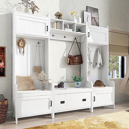 BNSPLY Hall Tree with Bench and 24 Shoe Cubbies, 3 in 1 Entryway Bench with Coat Rack and Shelves, Mudroom Bench with 6 Double Hooks, Entryway Furniture for Hallway (White, 60