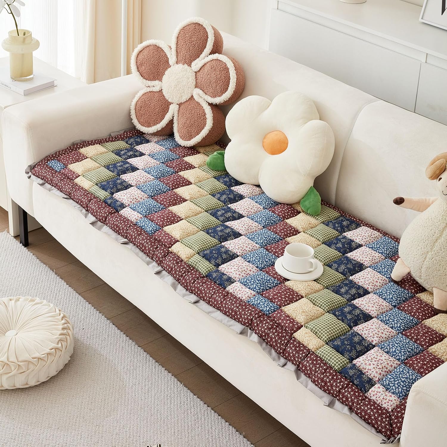 Cotton Quilted Thick Sofa Cover Farmhouse Plaid Patchwork Couch Covers Soft Floral Pattern Sectional Couch Cover Non-Slip Washable Slipcovers Furniture Protector (Coffee Blue,28