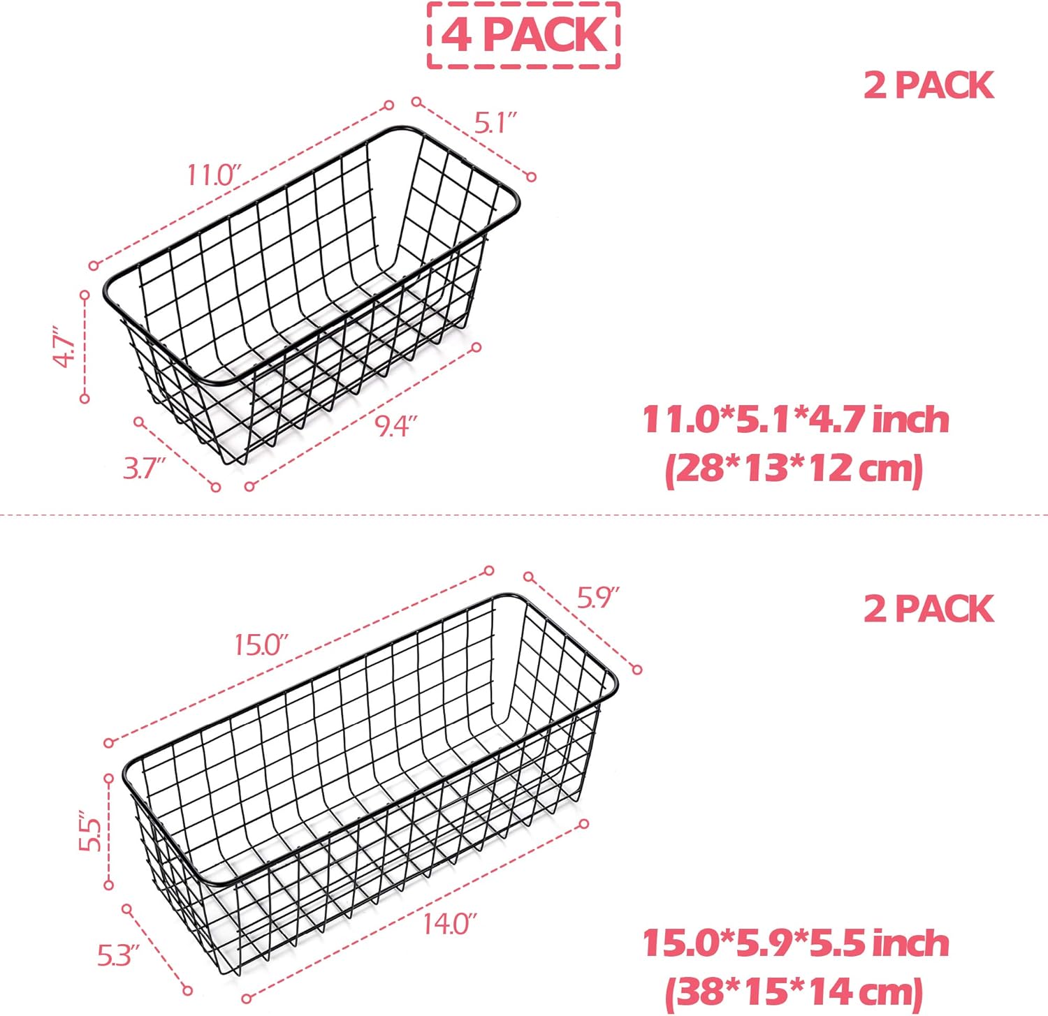 4 Pack Wire Storage Baskets Household Metal Wall-Mounted Containers Organizer Bins for Kitchen Bathroom Freezer Pantry Closet Laundry Room Cabinets Garage Shelf, 2 Large 2 Medium