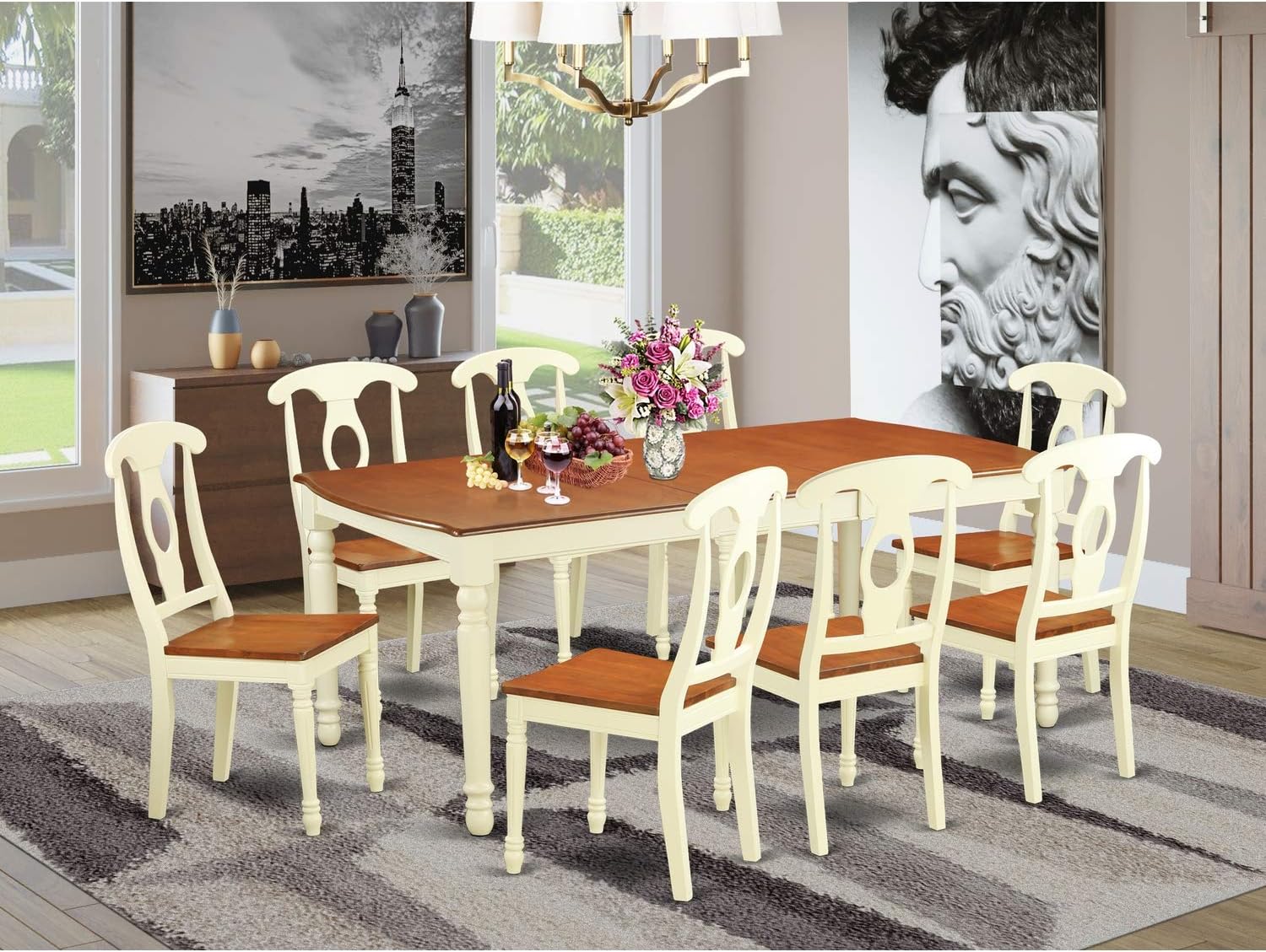 East West Furniture DOKE9-WHI-W Dover 9 Piece Room Furniture Set Includes a Rectangle Wooden Table with Butterfly Leaf and 8 Kitchen Dining Chairs, 42x78 Inch, Buttermilk & Cherry