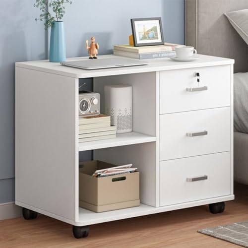 Small File Cabinets for Home Office,3 Drawer File Cabinet with Lock Office Storage Cabinet, Mobile Lateral Filing Cabinet, Printer Stand with Open Storage Shelves for Home Office White