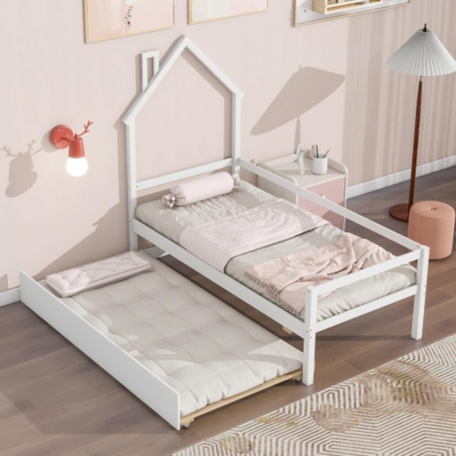 Double Log Cabin Sofa Bed with Trundle, Double Log Cabin Shaped Headboard Bed with Guardrails, White