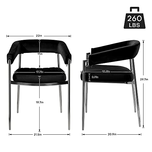 Dining Chairs Set of 2 Kitchen Dining Room Chairs with Arms and U-shape Backrest, Mid Century Modern Living Room Accent Chair, Velvet Upholstered Kitchen Chairs with Metal Chrome Legs, Black