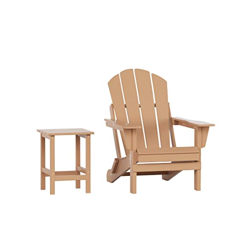 WO Home Furniture Adirondack Chair Table Set of 2 PCS Outdoor Folding Chair w Side Table Weather/UV Resistant for Lawn, Garden, Bon Fire, Balcony (Weathered Wood)