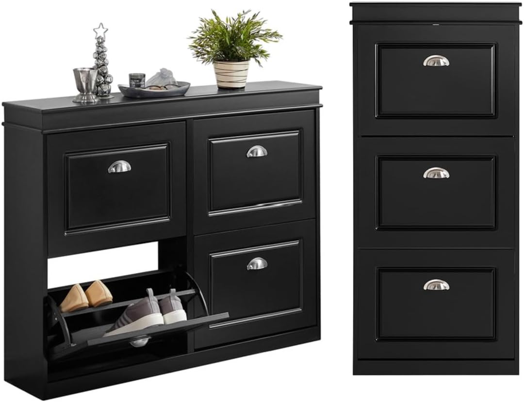 Haotian Black Flip-Drawer Shoe Cabinet Set, FSR94-SCH+FSR79-SCH
