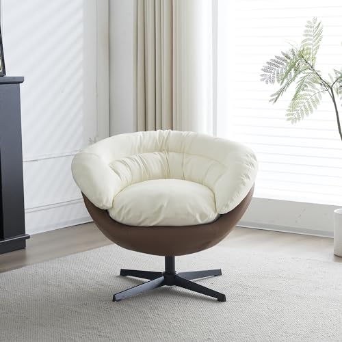 Swivel Accent Chair Modern PU Leather Swivel Barrel Chair Upholstered Comfy Round Armchair with Detachable Cushion 360 Degree Swivel Sofa Chair for Living Room, Bedroom, Home Office (White+Black)
