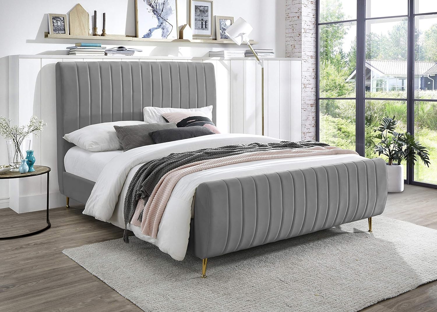 Meridian Furniture Zara Collection Modern | Contemporary Velvet Upholstered Bed with Deep Channel Tufting and Custom Gold Legs, Queen, Grey