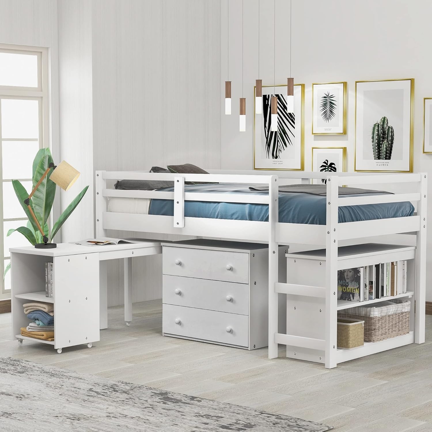 Twin Size Low Loft Bed Wood Study Bedframe with Storage Cabinet Desk White Modern Contemporary Rustic Unisex Nature Space Natural Finish Hidden Includes Hardware