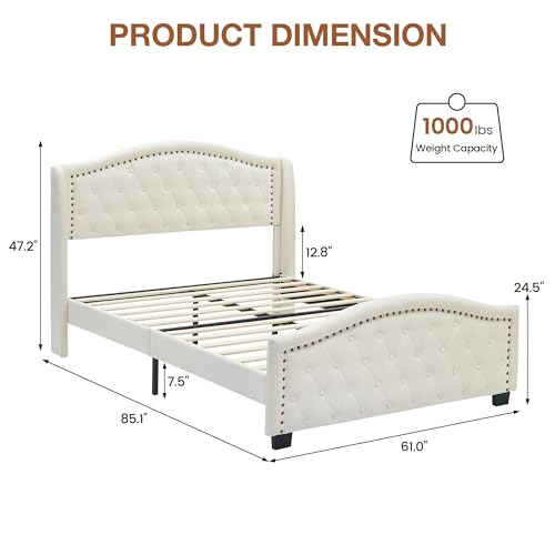 IDEALHOUSE Upholstered Bed Frame with Tall Wingback Headboard, King Platform Frame with Button Tufted Headboard,No Box Spring Needed, Strong Wooden Slats, Beige (King)