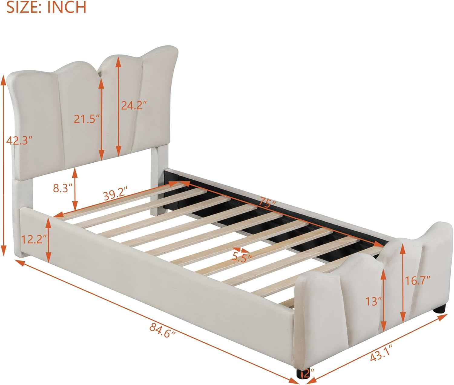 Twin Size Velvet Upholstered Platform Bed with Unique Flowers Headboard & Footboard, Tufted Upholstered Bed Frame with Wooden Slats Support, No Box Spring Needed, Beige