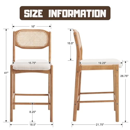 Rattan Counter Height Bar Stools Set of 4 Beige Linen Counter Stools 26 Inch Upholstered Barstool Kitchen Island Chairs with Natural Wooden Legs Boho Bar Chairs for Kitchen Counter