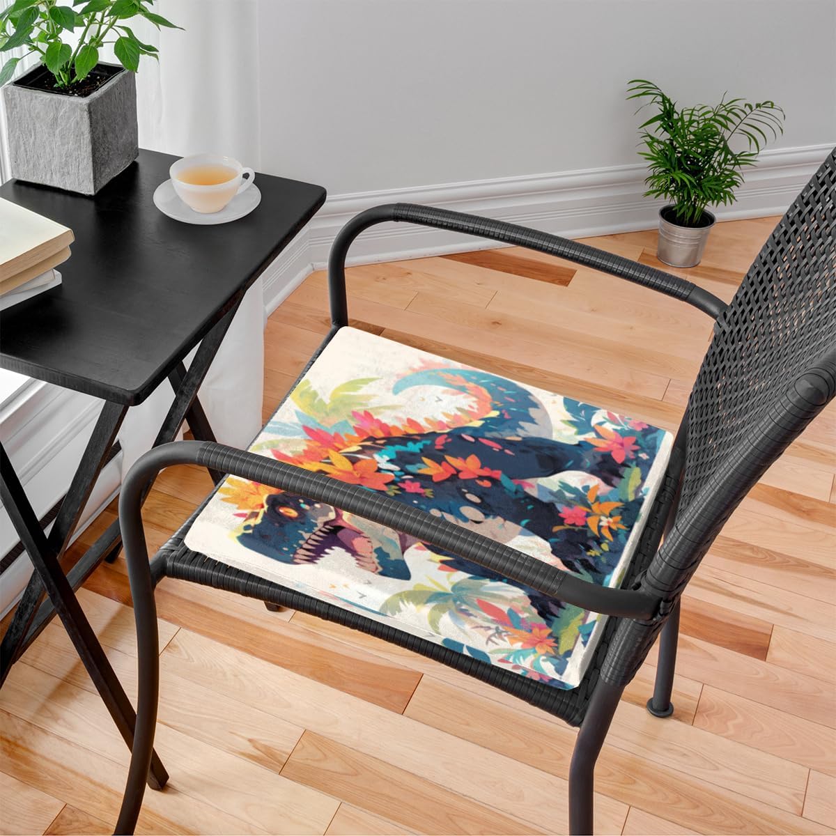 Multicolor Dinosaur Flowers Square Seat Cushions 16 * 16 Inch High Density Sponge Filling Soft Comfortable Removable with Zipper Chair Cushion for Kitchen Dining Room Couch Office Chairs Car